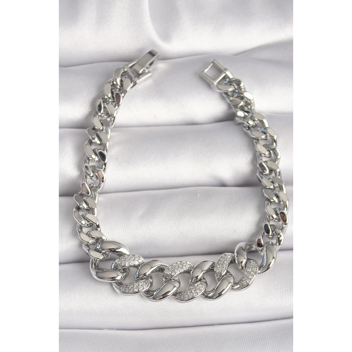 BFS Pirinç Gümüş Renk Zirkon Taşlı Kalın Halka Model Kadın Bileklik