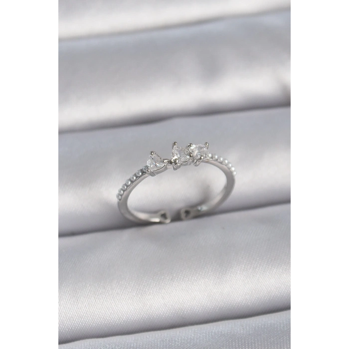 BFS Pirinç Gümüş Renk Zirkon Taşlı Kalp İnci Detay Ayarlanabilir Model Kadın Yüzük