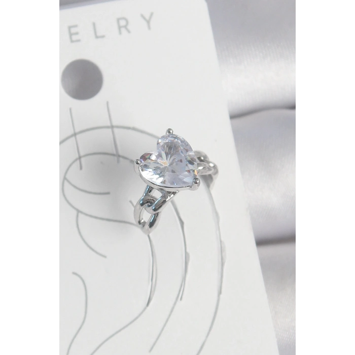 BFS Pirinç Gümüş Renk Zirkon Taşlı Kalp Model Kadın Kıkırdak Küpe