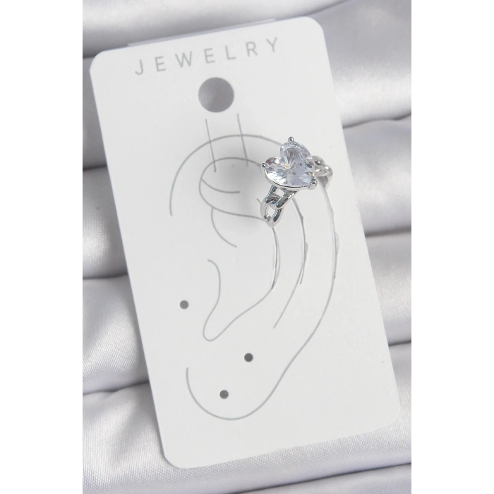 BFS Pirinç Gümüş Renk Zirkon Taşlı Kalp Model Kadın Kıkırdak Küpe