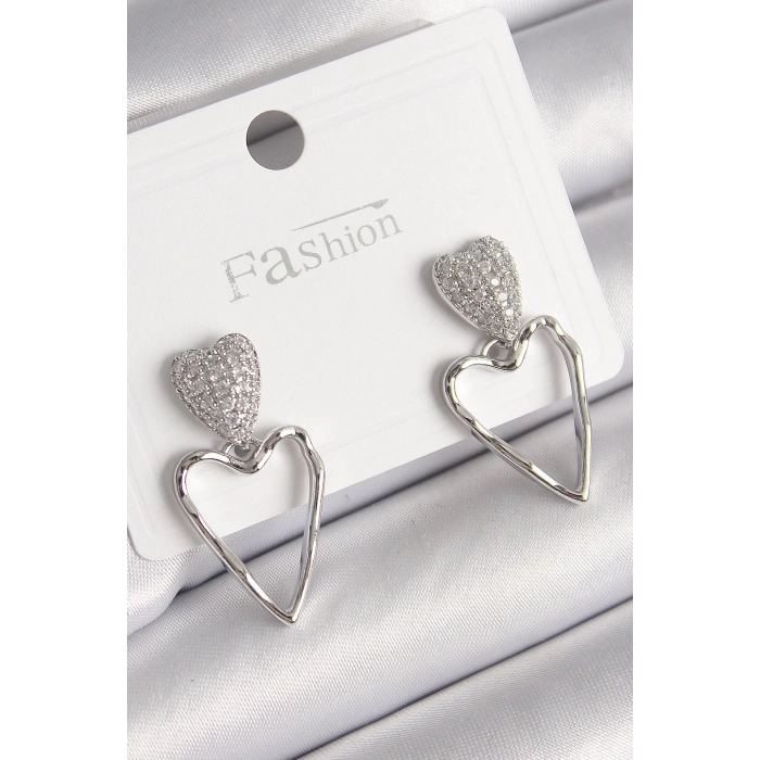 BFS Pirinç Gümüş Renk Zirkon Taşlı Kalp Model Kadın Küpe