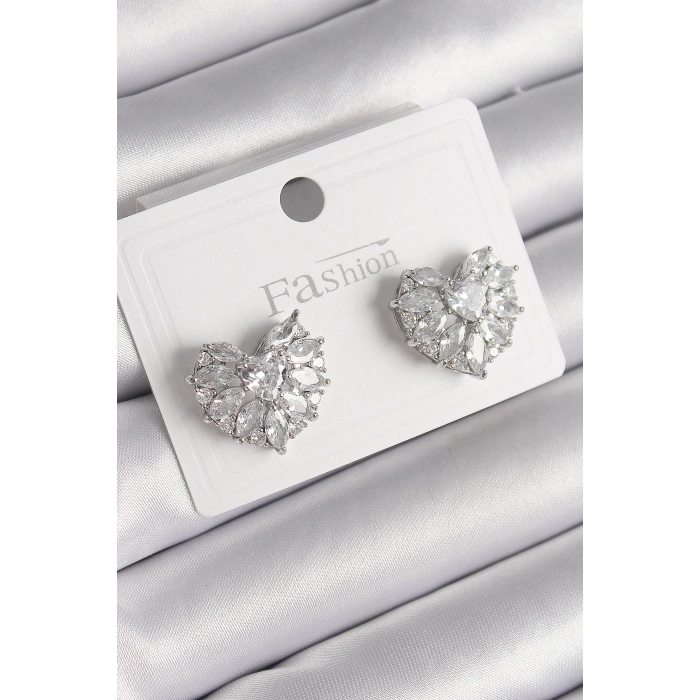 BFS Pirinç Gümüş Renk Zirkon Taşlı Kalp Model Kadın Küpe