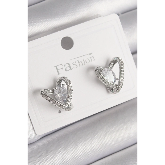 BFS Pirinç Gümüş Renk Zirkon Taşlı Kalp Model Kadın Küpe