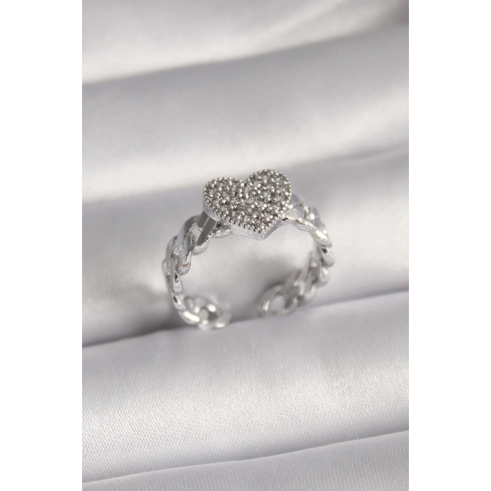 BFS Pirinç Gümüş Renk Zirkon Taşlı Kalp Model Kadın Yüzük