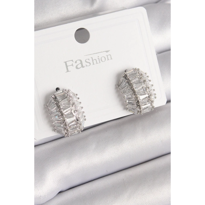 BFS Pirinç Gümüş Renk Zirkon Taşlı Kaplumbağa Kabuğu Model Kadın Küpe