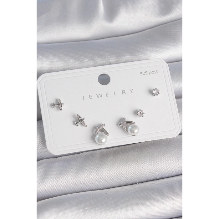 BFS Pirinç Gümüş Renk Zirkon Taşlı Kelebek Model İnci Detay 925 Ayar Gümüş Çivi Kadın Küpe Seti