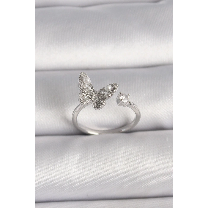 BFS Pirinç Gümüş Renk Zirkon Taşlı Kelebek Model İnci Detay Ayarlanabilir Yüzük