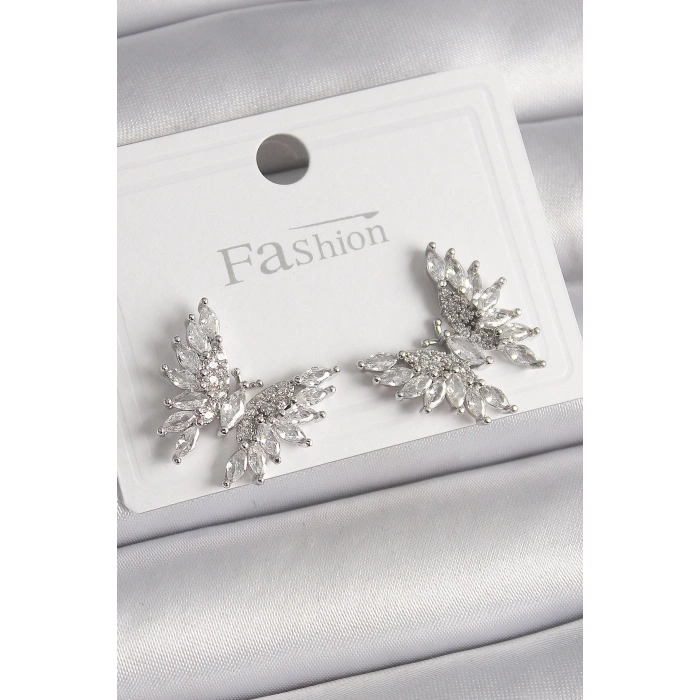 BFS Pirinç Gümüş Renk Zirkon Taşlı Kelebek Model Kadın Küpe