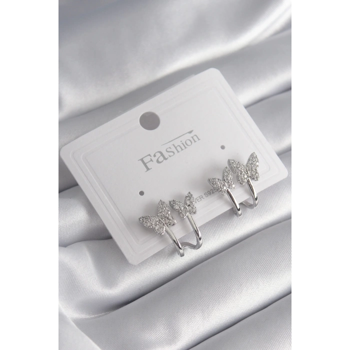 BFS Pirinç Gümüş Renk Zirkon Taşlı Kelebek Model Kadın Küpe