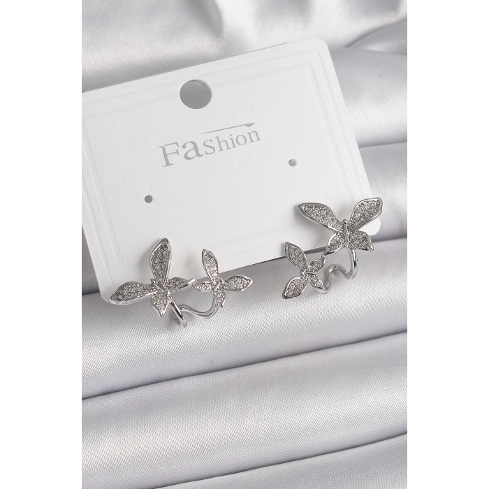 BFS Pirinç Gümüş Renk Zirkon Taşlı Kelebek Model Kadın Küpe