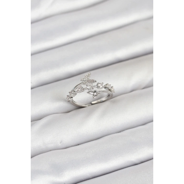 BFS Pirinç Gümüş Renk Zirkon Taşlı Kelebek Model Kadın Yüzük