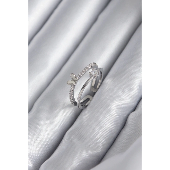 BFS Pirinç Gümüş Renk Zirkon Taşlı Kelebek Model Kadın Yüzük