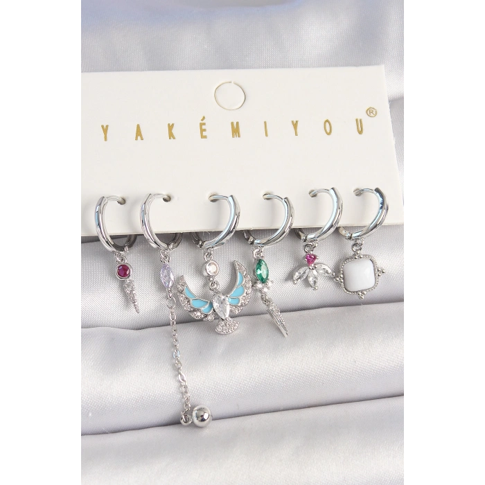 BFS Pirinç Gümüş Renk Zirkon Taşlı Kuş Figür Çiçek Detay 6Lı Kadın Kombin Küpe