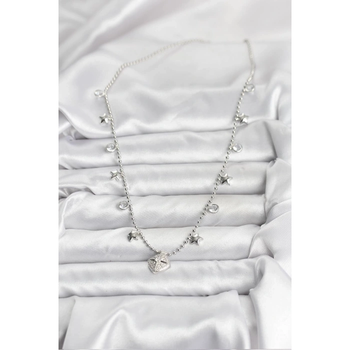 BFS Pirinç Gümüş Renk Zirkon Taşlı Kutup Yıldızı Model Kadın Kolye