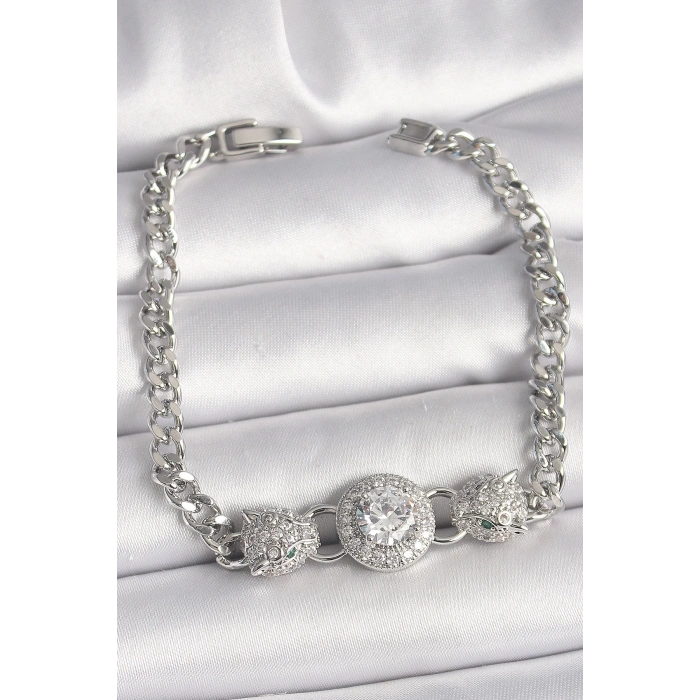 BFS Pirinç Gümüş Renk Zirkon Taşlı Leopar Figür Zincir Model Kadın Bileklik