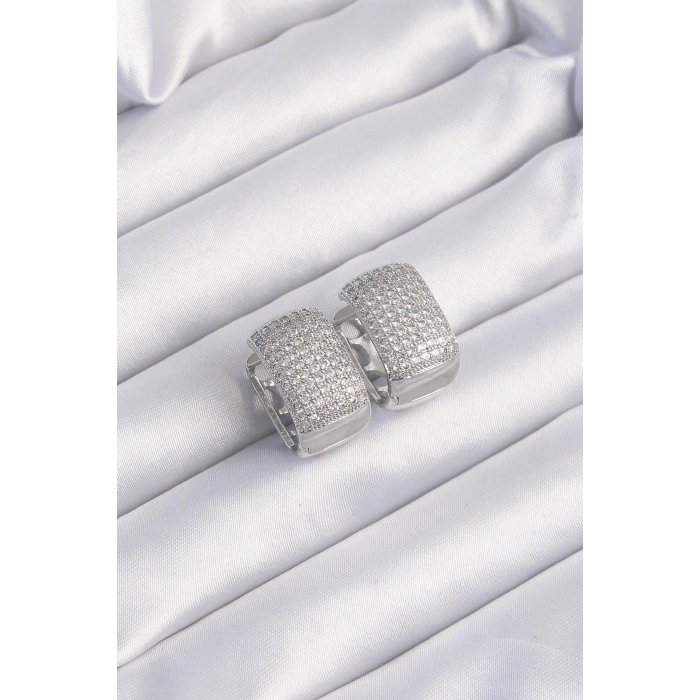 BFS Pirinç Gümüş Renk Zirkon Taşlı Minimal Halka Küpe