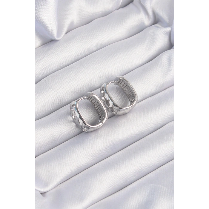 BFS Pirinç Gümüş Renk Zirkon Taşlı Minimal Halka Küpe