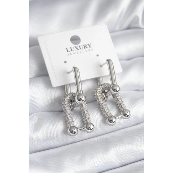 BFS Pirinç Gümüş Renk Zirkon Taşlı Model VIP Seri Kadın Küpe