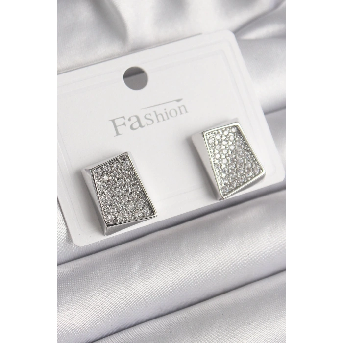 BFS Pirinç Gümüş Renk Zirkon Taşlı Plaka Model Kadın Küpe