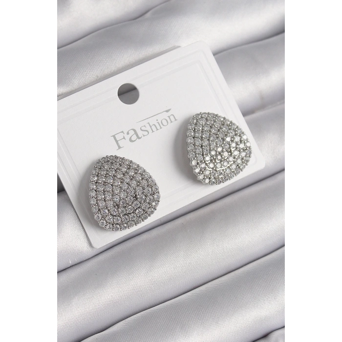 BFS Pirinç Gümüş Renk Zirkon Taşlı Plaka Model Kadın Küpe