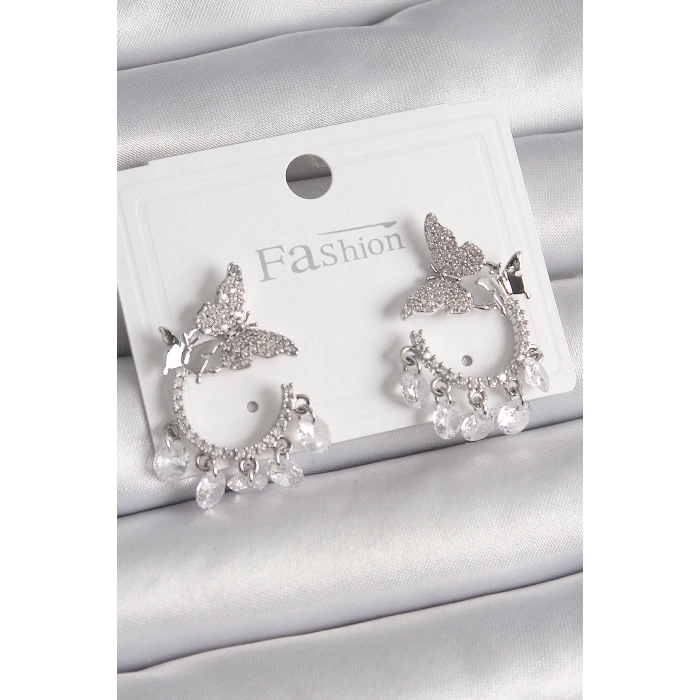 BFS Pirinç Gümüş Renk Zirkon Taşlı Sallantı Detay Kelebek Model Kadın Küpe