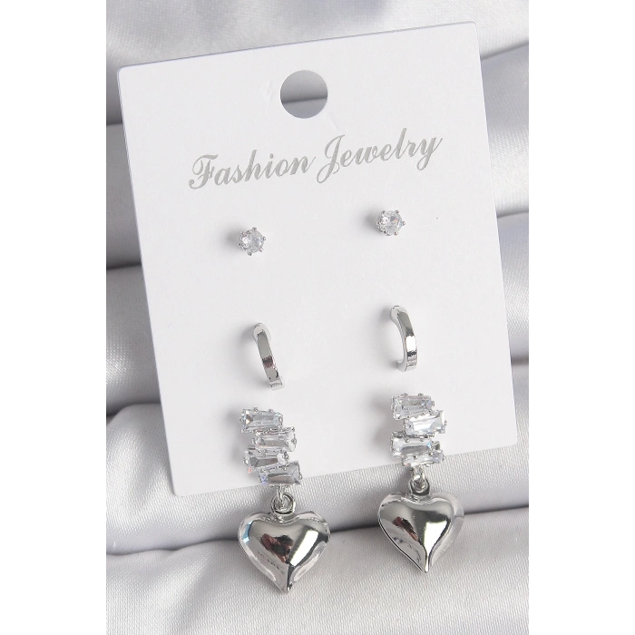 BFS Pirinç Gümüş Renk Zirkon Taşlı Sallantılı Kalp Model Yarım Halka Detay 3 Çfit Kadın Küpe Seti