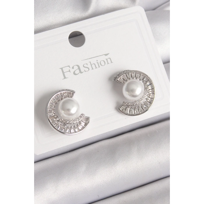 BFS Pirinç Gümüş Renk Zirkon Taşlı Salyangoz Model İnci Detay Kadın Küpe