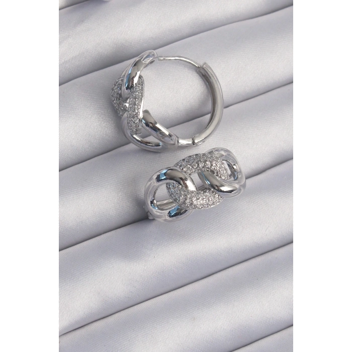 BFS Pirinç Gümüş Renk Zirkon Taşlı Samanyolu Küpe