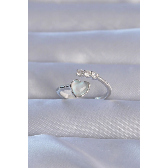 BFS Pirinç Gümüş Renk Zirkon Taşlı Sedefli Kalp Model Ayarlanabilir Yüzük