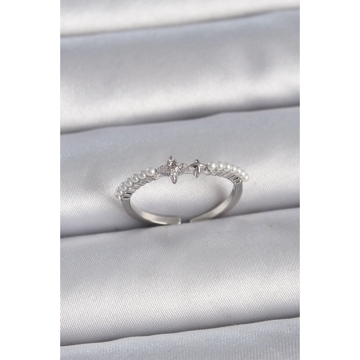 BFS Pirinç Gümüş Renk Zirkon Taşlı Sıralı İnci Ayarlanabilir Model Kadın Yüzük