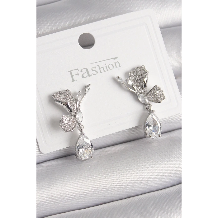 BFS Pirinç Gümüş Renk Zirkon Taşlı Turna Kuşu Model Sallantı Detay Kadın Küpe