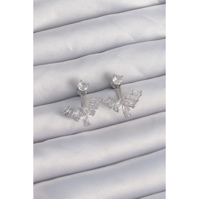 BFS Pirinç Gümüş Renk Zirkon Taşlı V Model Küpe