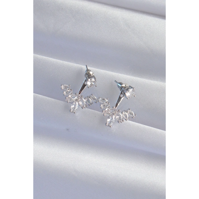 BFS Pirinç Gümüş Renk Zirkon Taşlı V Model Küpe