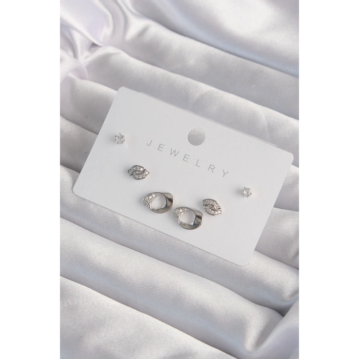 BFS Pirinç Gümüş Renk Zirkon Taşlı Yaprak Model Küpe Seti