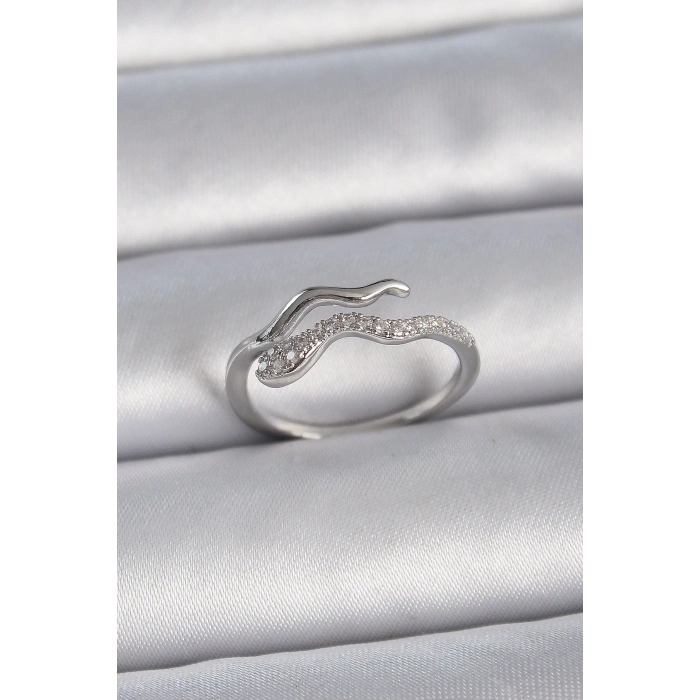 BFS Pirinç Gümüş Renk Zirkon Taşlı Yılan Ayarlanabilir Model Kadın Yüzük