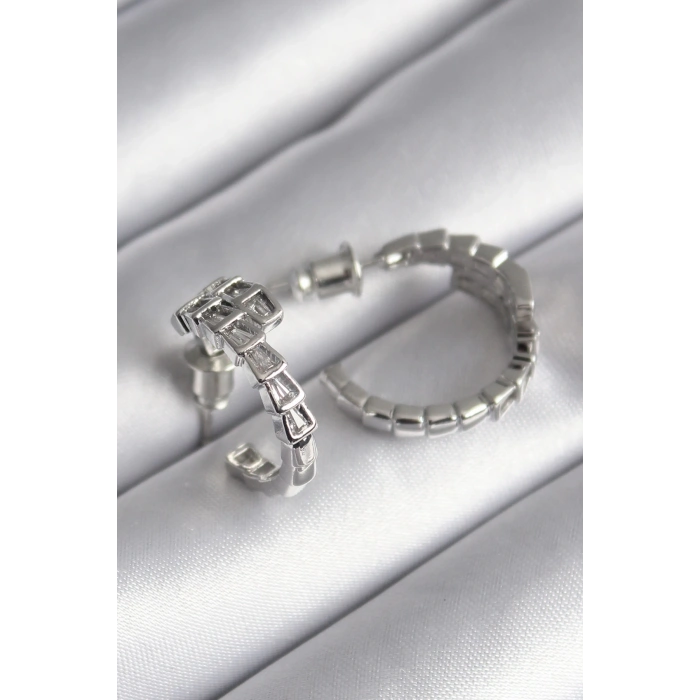 BFS Pirinç Gümüş Renk Zirkon Taşlı Yılan Model Kadın Küpe