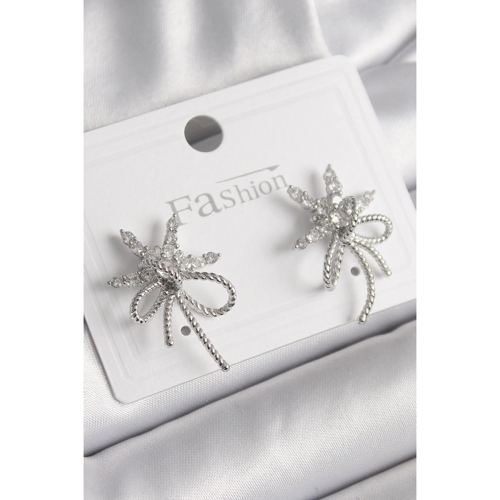 BFS Pirinç Gümüş Renk Zirkon Taşlı Yıldız Düğüm Model Kadın Küpe