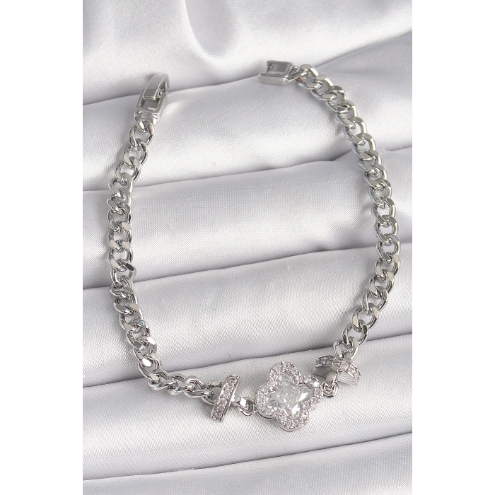 BFS Pirinç Gümüş Renk Zirkon Taşlı Yonca Figür Zincir Model Kadın Bileklik