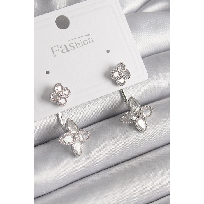 BFS Pirinç Gümüş Renk Zirkon Taşlı Yonca Model Kadın Küpe