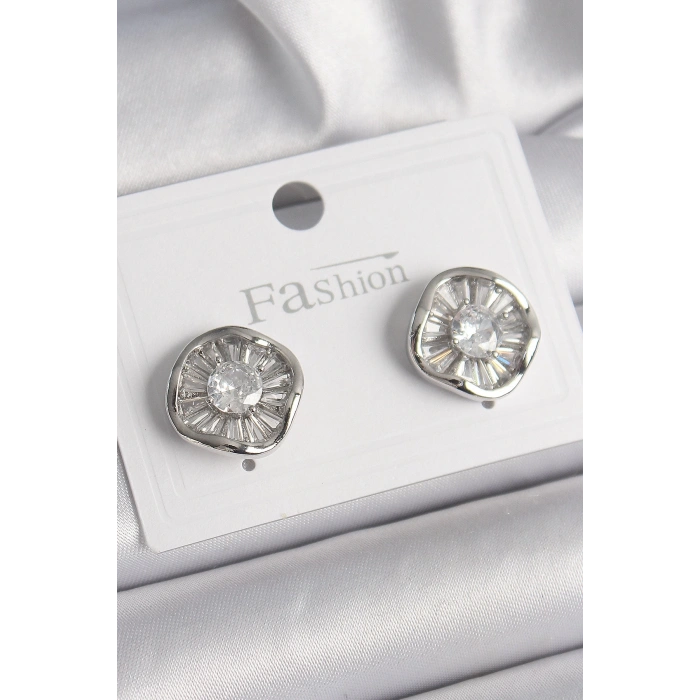 BFS Pirinç Gümüş Renk Zirkon Taşlı Yonca Model Kadın Küpe