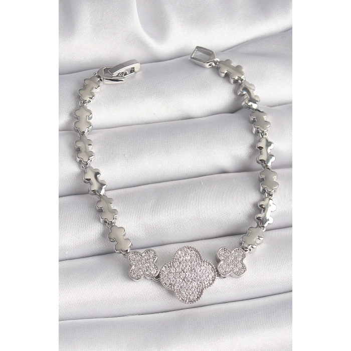 BFS Pirinç Gümüş Renk Zirkon Taşlı Yonca Model Zincir Model Kadın Bileklik