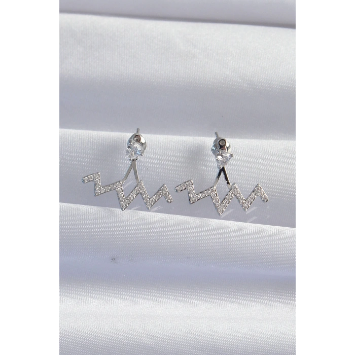 BFS Pirinç Gümüş Renk Zirkon Taşlı Zikzak Küpe