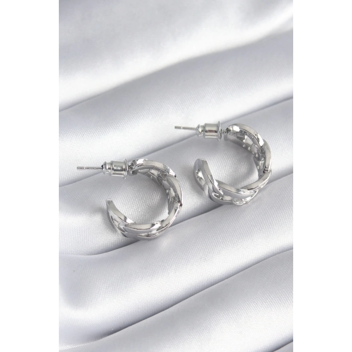 BFS Pirinç Gümüş Renk Zirkon Taşlı Zincir Model Kadın Küpe