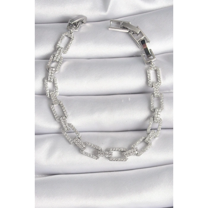 BFS Pirinç Gümüş Renk Zirkon Taşlı Zincir Model VIP Seri Kadın Bileklik