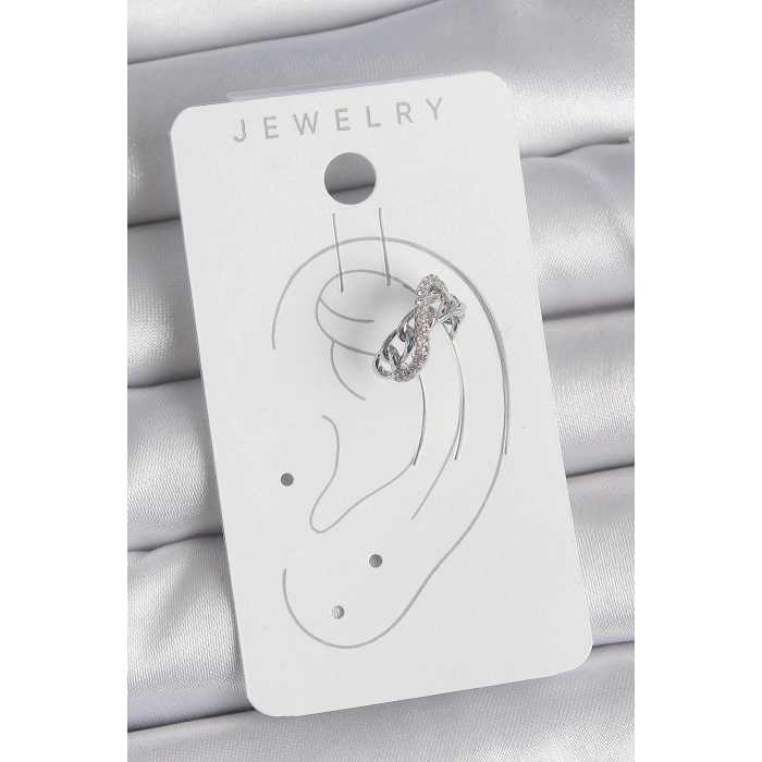 BFS Pirinç Gümüş Renk Zirkon Taşlı Zincir Sonsuzluk Model Kadın Kıkırdak Küpe