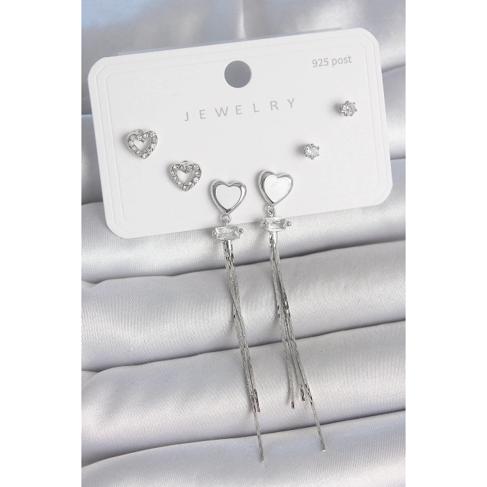 BFS Pirinç Gümüş Sallantı Beyaz Mineli Kalp Model Zirkon Taşlı Kalp Detay 925 Ayar Gümüş Çivi Kadın Küpe Seti