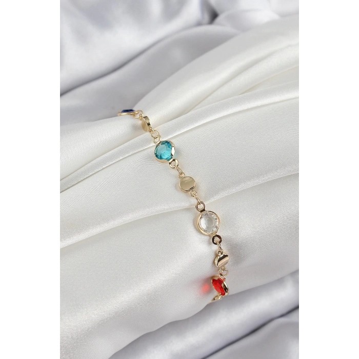 BFS Pirinç Karışık Renk Zirkon Taşlı Gold Renk Kadın Bileklik