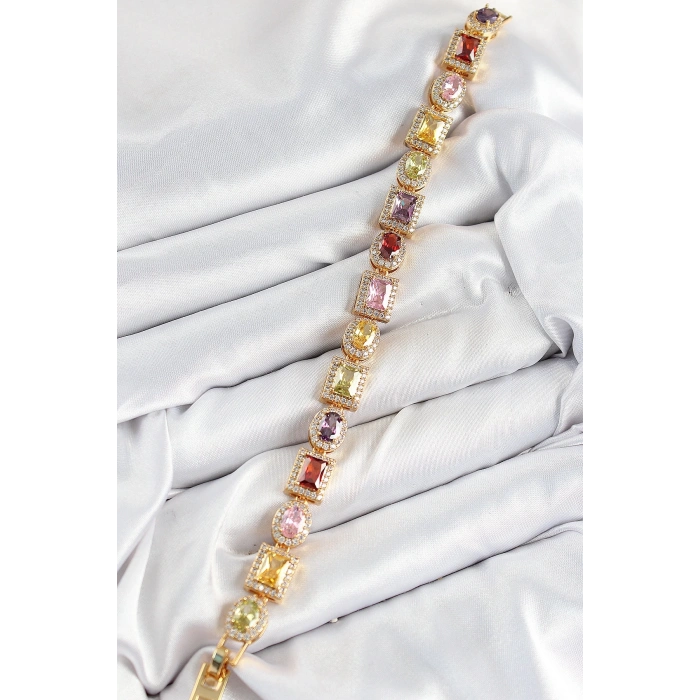 BFS Pirinç Karışık Zirkon Taşlı Baget Model Gold Renk VIP Seri Kadın Bileklik