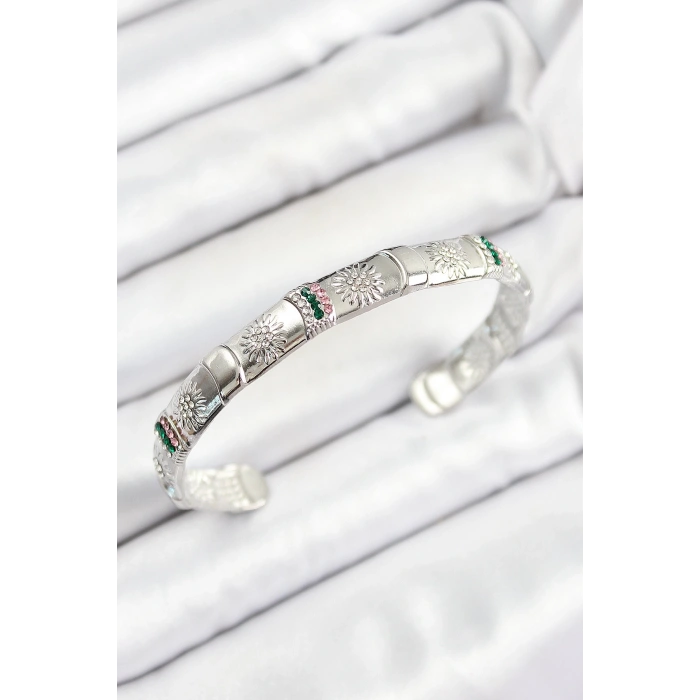 BFS Pirinç Karışık Zirkon Taşlı Çiçek Model Gümüş Renk Altı Açık Kadın Bileklik