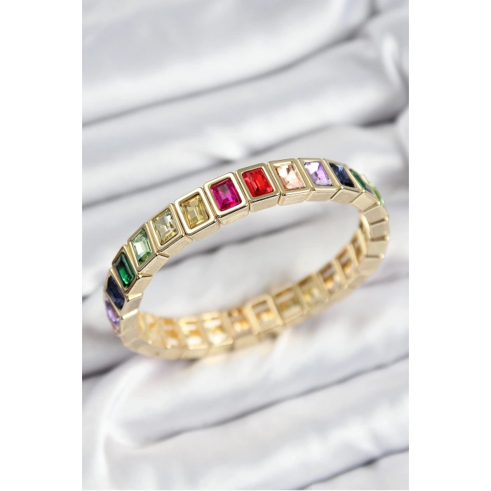 BFS Pirinç Karışık Zirkon Taşlı Dikdörtgen Model Gold Renk Lastikli Kadın Bileklik